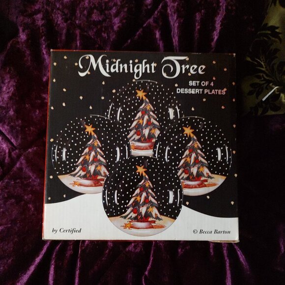 Vintage "Midnight Tree" Christmas Dessert Plates 8", set of 4, by Becca Barton, - Picture 1 of 3